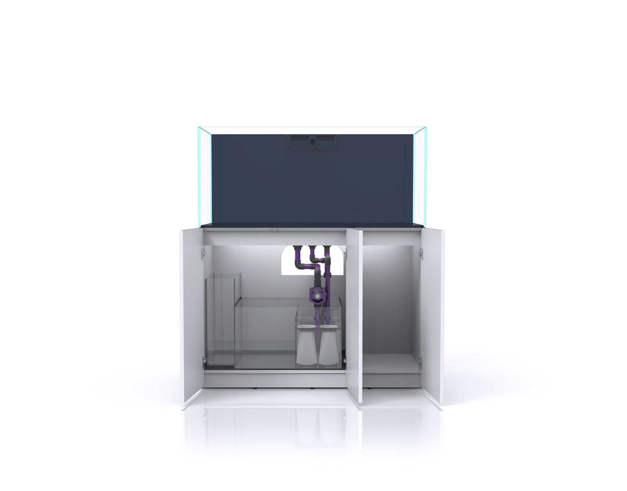Nyos Opus 300 Aquarium-System: Komplettset für Meerwasseraquarien, rahmenlos, klarglas, weißer Unterschrank, Filtersystem.