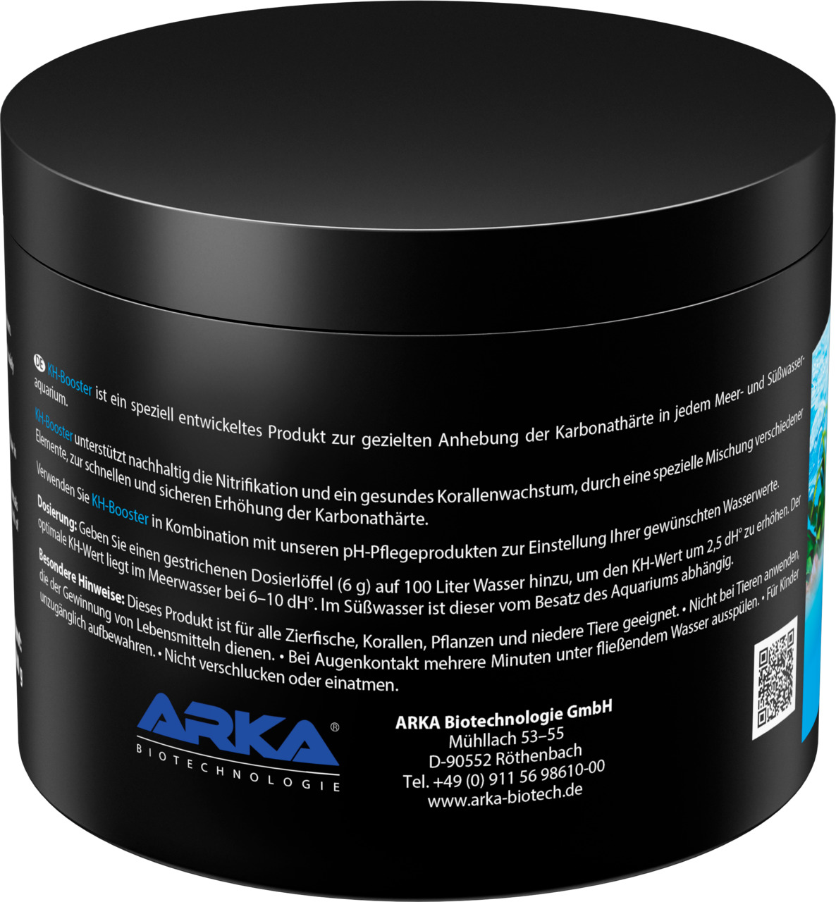 Das Bild zeigt eine schwarze Dose des Produkts „KH-Booster“ von ARKA Biotechnologie. Es handelt sich um ein speziell entwickeltes Produkt zur gezielten Anhebung der Karbonathärte in Meer- und Süßwasseraquarien. Die Dose enthält eine Mischung zur Förderung