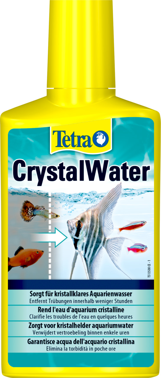 Gelbes Fläschchen der Marke Tetra mit der Aufschrift „CrystalWater“. Das Produkt ist für Aquarienbesitzer geeignet und entfernt Trübungen im Wasser innerhalb weniger Stunden. Auf der Vorderseite sind Fische abgebildet, die klares Wasser symbolisieren. Inh