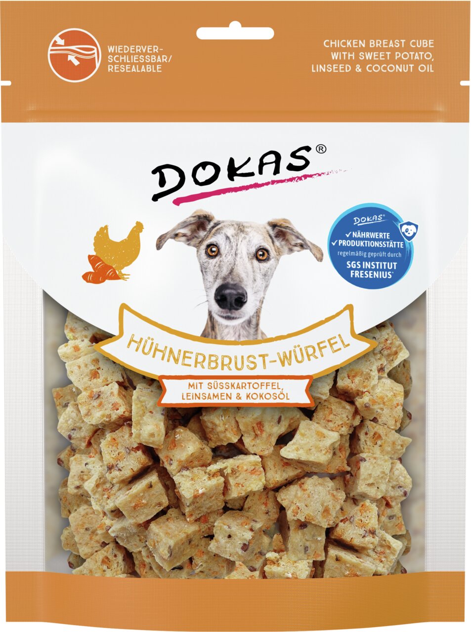 DOKAS Hühnerbrust-Würfel, 70 g, für Hunde, mit Hühnerbrust, Süßkartoffel, Leinsamen & Kokosöl, SGS-geprüfte Qualität.