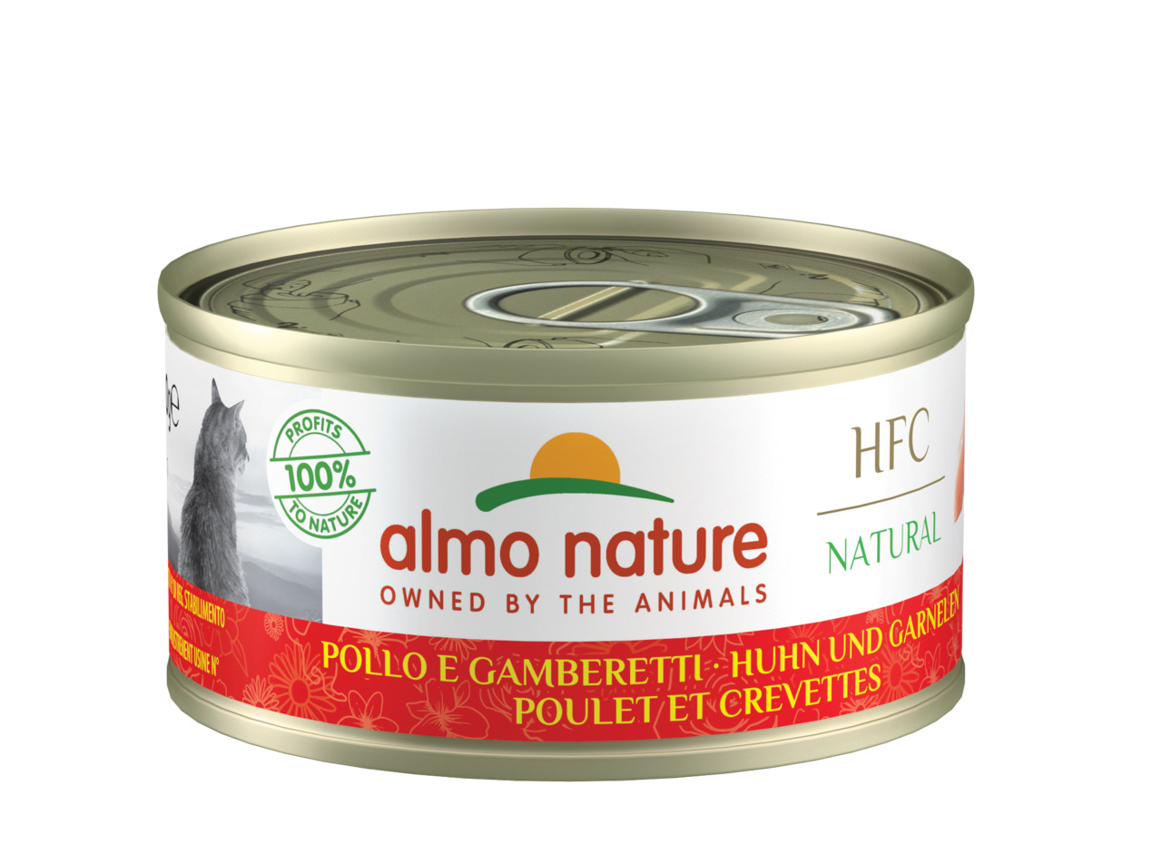 Almo Nature HFC Natural Katzenfutter, Huhn & Garnelen, 70 g, „100% Profits to Nature“, für Katzen.