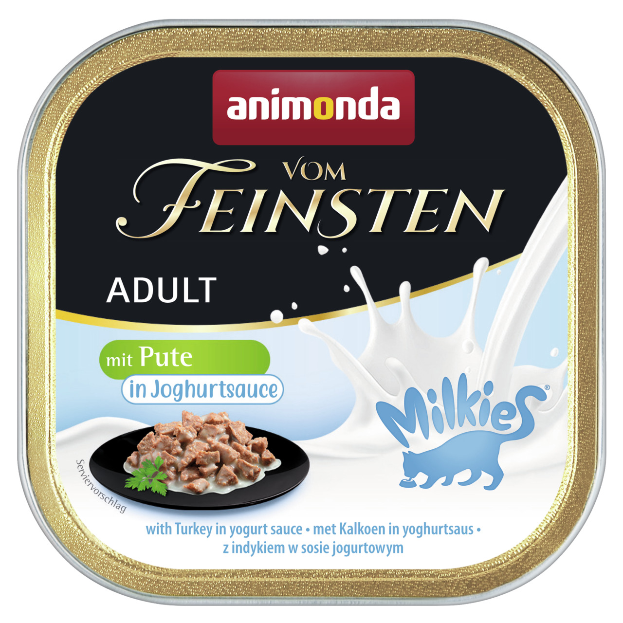 animonda Vom Feinsten Adult, für ausgewachsene Katzen, Pute in Joghurtsauce, 100 g, hochwertiges Design mit Schwarz & Gold.