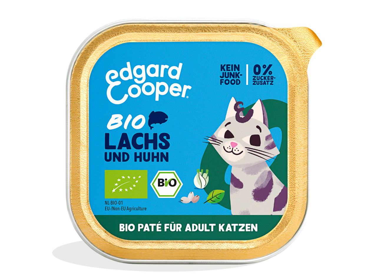 Edgard & Cooper Bio Paté für erwachsene Katzen, Lachs & Huhn, Bio, „Kein Junk-Food“, „0 % Zuckerzusatz“.