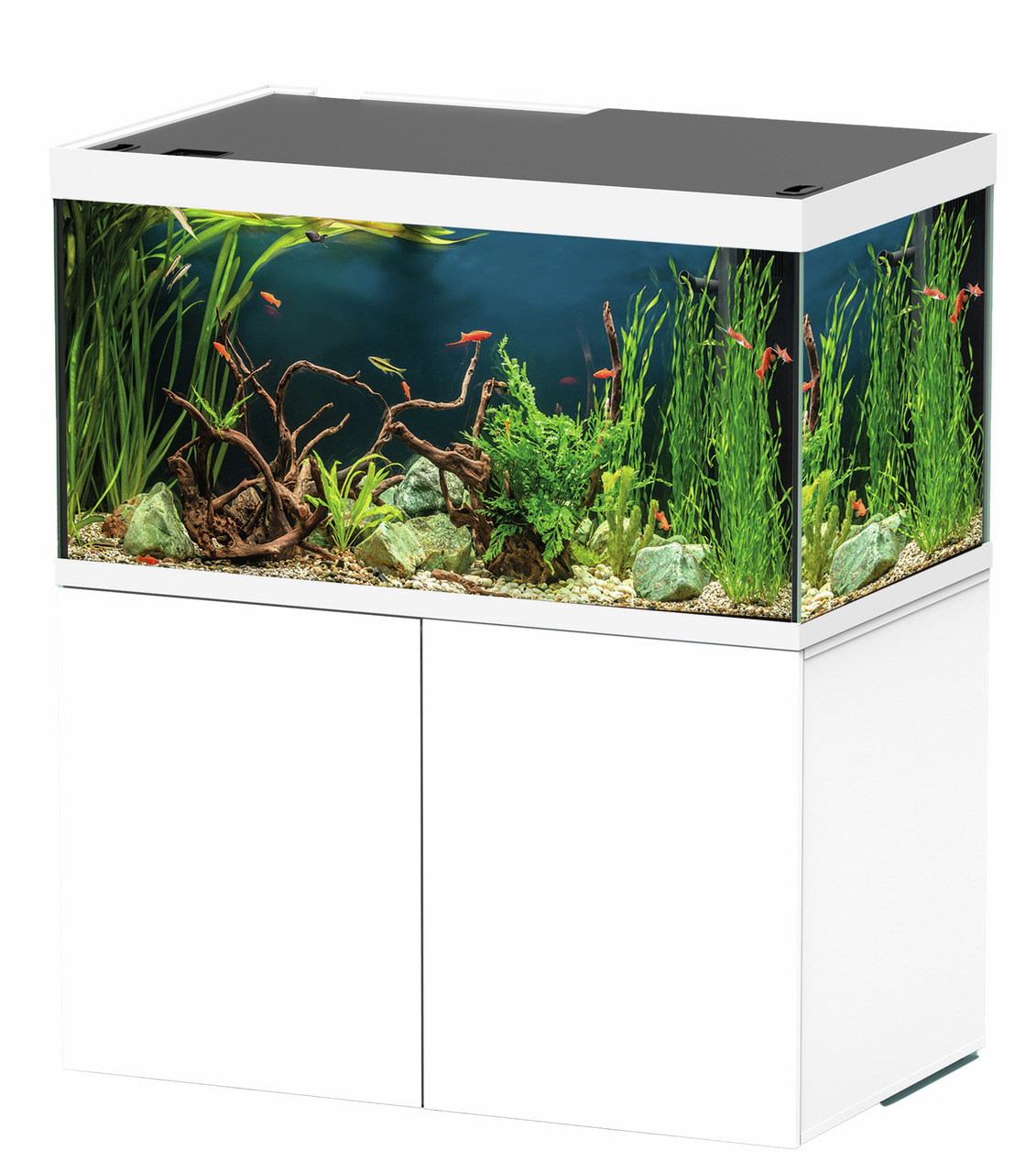 Das Bild zeigt ein hochwertiges Aquarium der Marke JUWEL, Modell Rio 180 LED, mit einem Fassungsvermögen von 180 Litern. Es ist für Aquaristik-Enthusiasten geeignet und bietet eine stilvolle Kombination aus weißem Unterschrank und einem rechteckigen Glasa