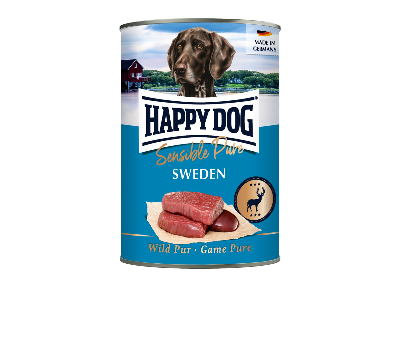 Das Bild zeigt eine Dose Hundefutter der Marke Happy Dog aus der Produktlinie "Sensible Pure" in der Geschmacksrichtung "Wild Pur". Die Zielgruppe sind Hunde, und das Produkt ist speziell für ernährungssensible Tiere geeignet. Die Dose trägt die Aufschrif