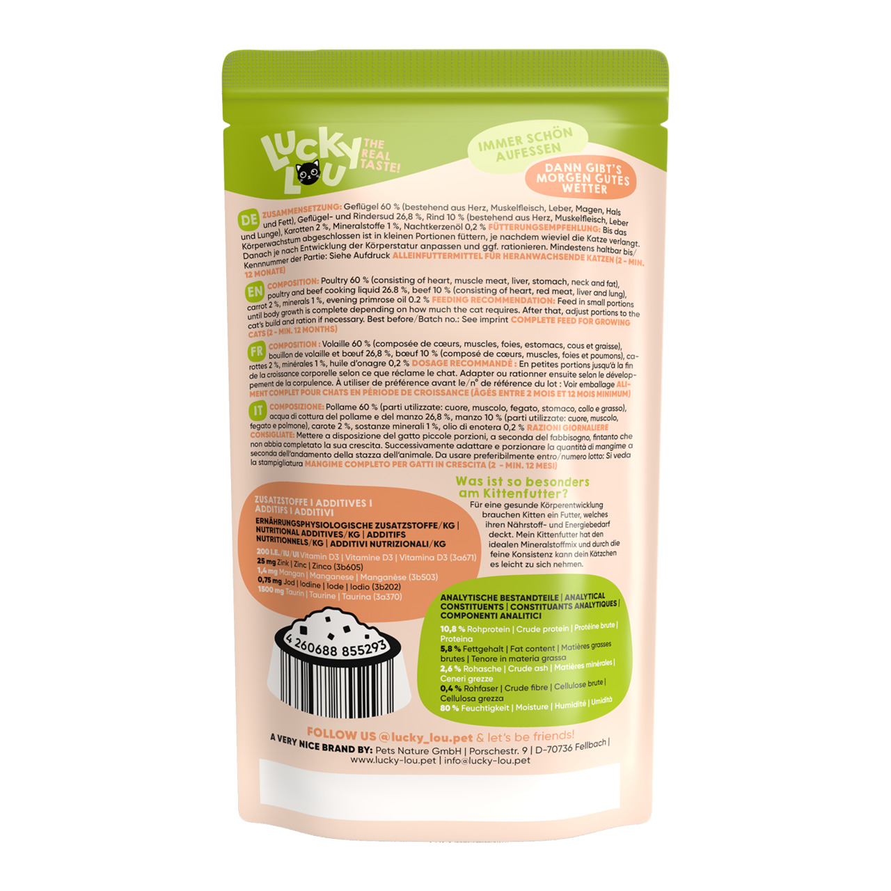 Rückansicht einer Verpackung des Katzenfutters „Lucky Lou“ für Kätzchen. Die Geschmacksrichtung ist Geflügel, bestehend aus 60 % Geflügel und 2,6 % Rind. Die Verpackung zeigt Nährwertangaben, Zutaten und Zusatzstoffe. Menge nicht erkennbar. EAN: 426068885