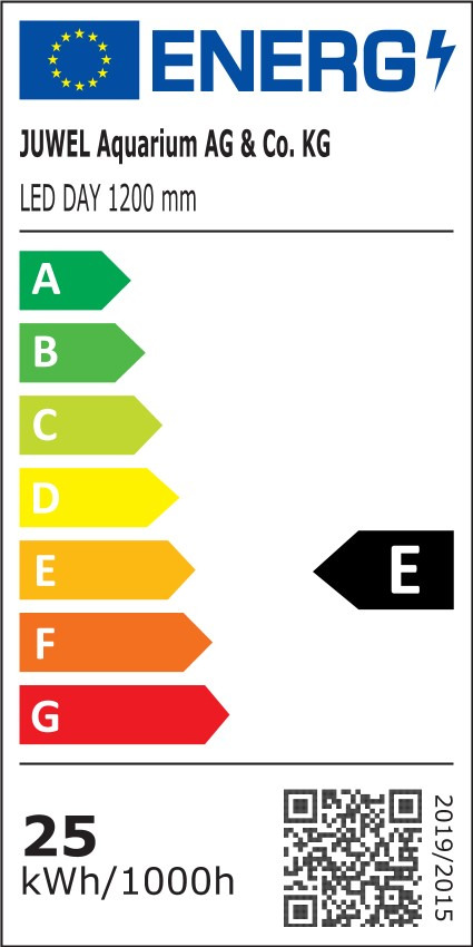 JUWEL LED DAY 1200 mm, JUWEL Aquarium AG & Co. KG, Energieeffizienzklasse E, 25 kWh-1000h, Farbskala A-G, QR-Code.