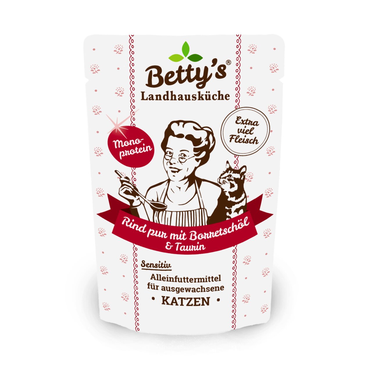Betty’s Landhausküche Rind pur mit Borretschöl & Taurin, Katzen-Nassfutter für ausgewachsene Katzen, Monoprotein, extra viel Fleisch.
