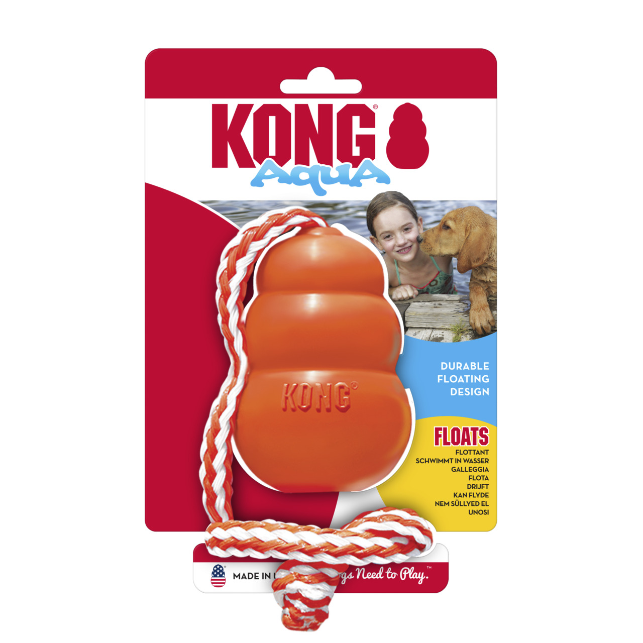KONG Aqua, schwimmendes Hundespielzeug, orange, robust, mit Seil, ideal für Wasseraktivitäten, fördert aktives Spielen.