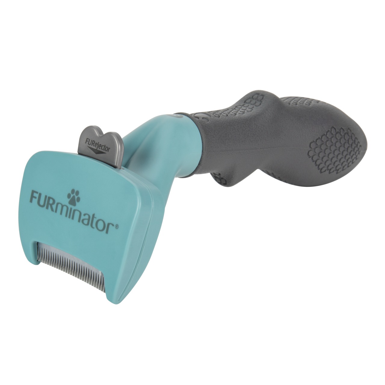 FURminator deShedding-Tool, Pflegewerkzeug f. Hunde-Katzen, ergonom. Griff, türkisfarb. Edelstahlklinge, f. mittelgr.-große Tiere.