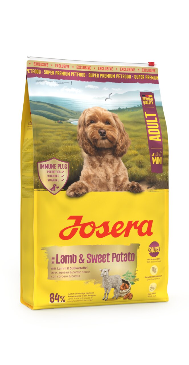 Josera Mini Adult Trockenfutter für Hunde, Geschmacksrichtung Lamm & Süßkartoffel, 84% tierisches Eiweiß, 4,5 kg Beutel.