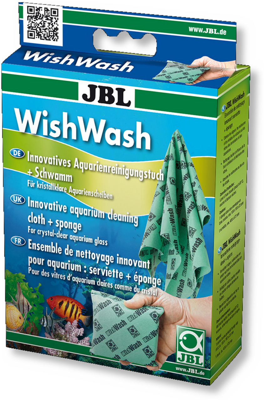 Das Bild zeigt die Verpackung des Produkts „JBL WishWash“, ein innovatives Aquarienreinigungstuch mit Schwamm, das speziell für kristallklare Aquarienscheiben entwickelt wurde. Die Zielgruppe sind Aquarienbesitzer. Die Verpackung ist in Blau und Grün gest
