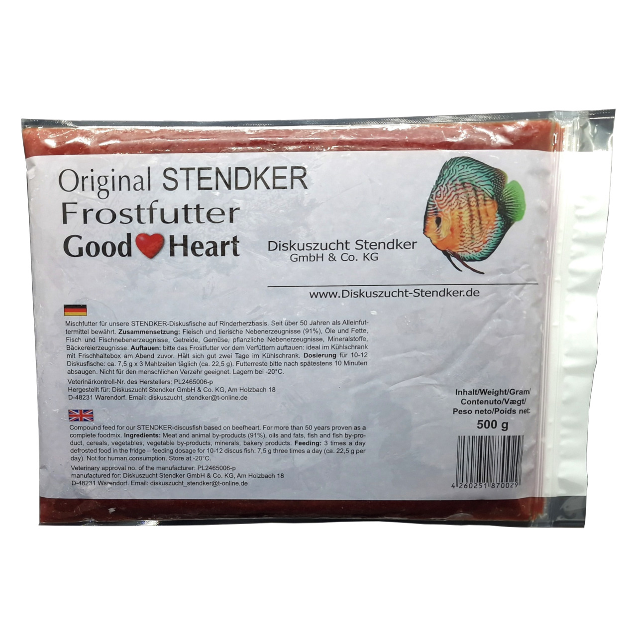 Diskuszucht Stendker Original STENDKER Frostfutter Good Heart, 500 g, für Diskusfische, Alleinfutter, mit Fleisch & pflanzl. Zutaten.