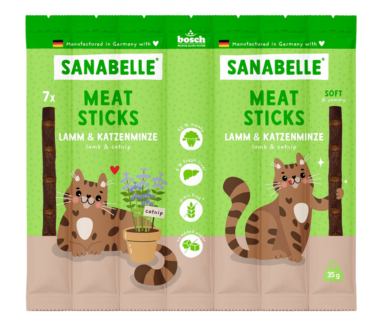 Sanabelle Meat Sticks Lamm & Katzenminze für Katzen, 35 g. Getreidefrei, 92 % Fleisch, ohne Zuckerzusatz, hergestellt in Deutschland.