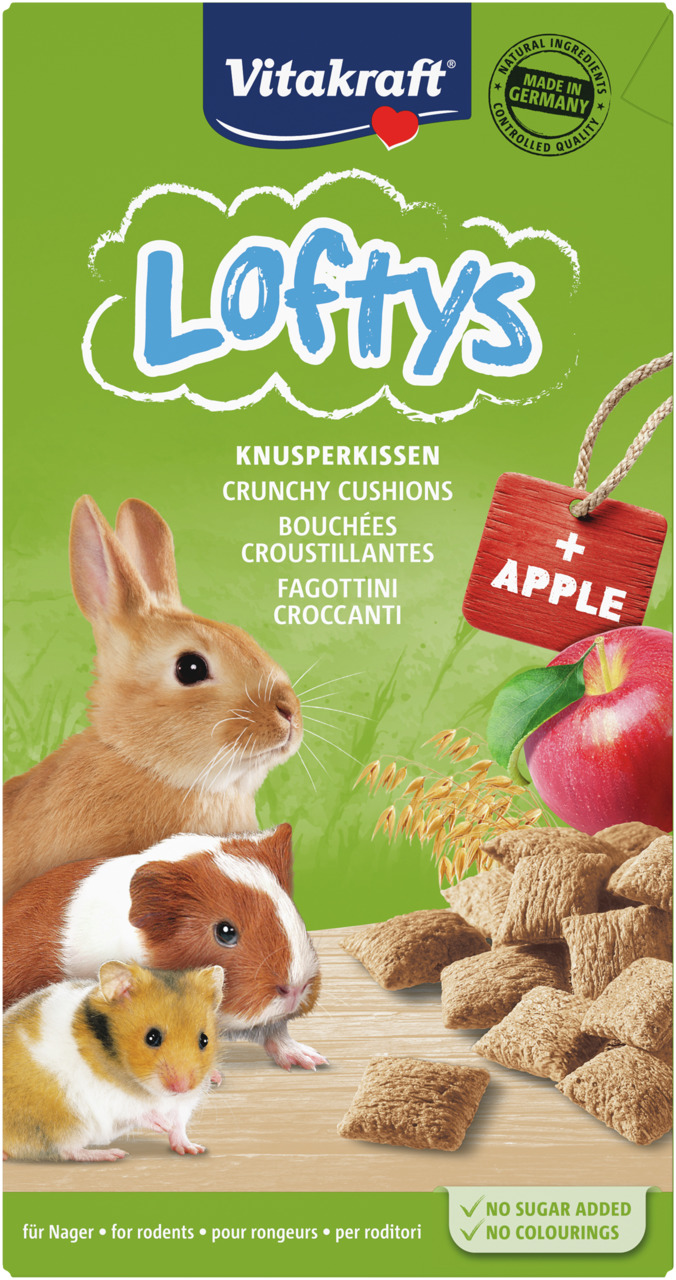 Vitakraft Loftys Knusperkissen, Apfel, für Nager (Hamster, Meerschweinchen, Kaninchen), ohne Zuckerzusatz-Farbstoffe, Made in Germany.