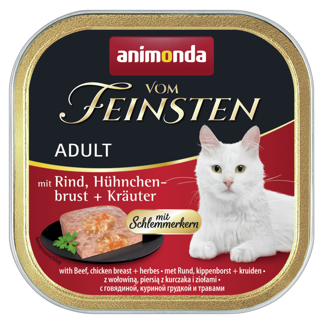 Das Bild zeigt eine quadratische Dose Katzenfutter der Marke Animonda aus der Produktlinie "Vom Feinsten". Es handelt sich um die Sorte "Adult" für ausgewachsene Katzen mit Rind, Hühnerbrust und Kräutern. Die Verpackung hebt den "Schlemmerkern" hervor. Di
