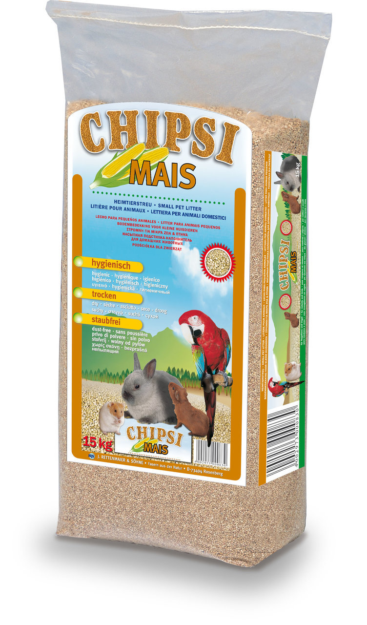CHIPSI Mais Heimtierstreu, 15 kg, für Kleintiere (Kaninchen, Hamster, Vögel), hygienisch, trocken, staubfrei, ideal für saubere Umgebung.