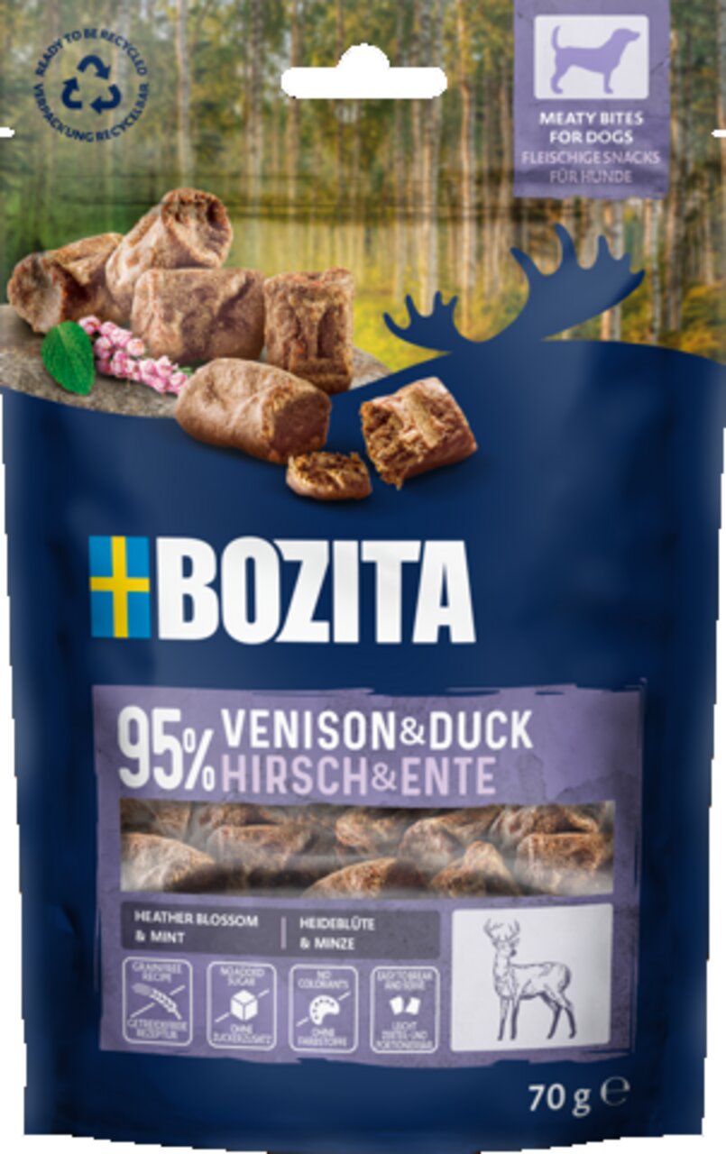 Bozita Meaty Bites für Hunde, Geschmacksrichtung Hirsch & Ente mit Heideblüte und Minze, 70 g, hohe Fleischqualität, getreidefrei.