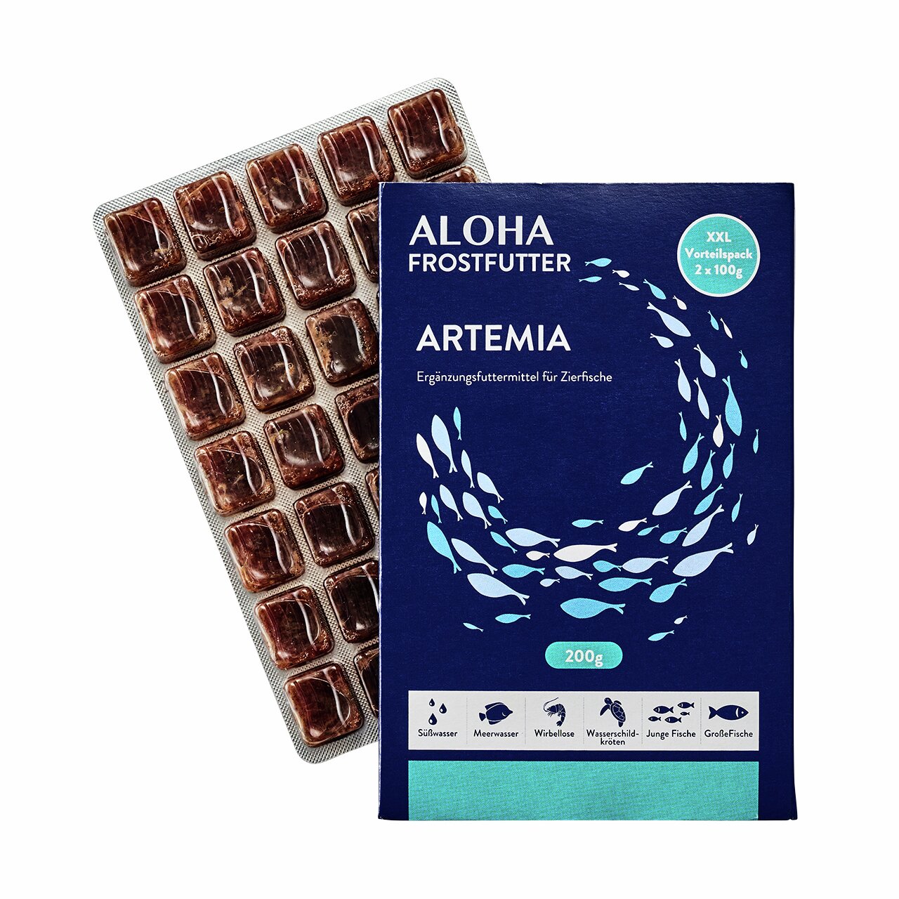 Das Bild zeigt die Verpackung des Produkts „ALOHA Frostfutter Artemia“, ein Ergänzungsfuttermittel für Zierfische. Es handelt sich um ein XXL-Vorteilspack mit 2 x 100 g, insgesamt 200 g. Geeignet für Süßwasser- und Meerwasserfische, Wirbellose, Wasserschi