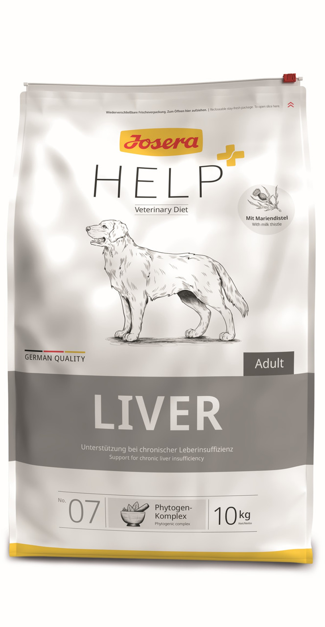 Das Bild zeigt einen 10-kg-Sack des Hundefutters „Josera Help Liver Veterinary Diet“ für erwachsene Hunde. Es unterstützt bei chronischer Leberinsuffizienz und enthält Mariendistel sowie einen Phytogen-Komplex. Die Verpackung betont „German Quality“ und i