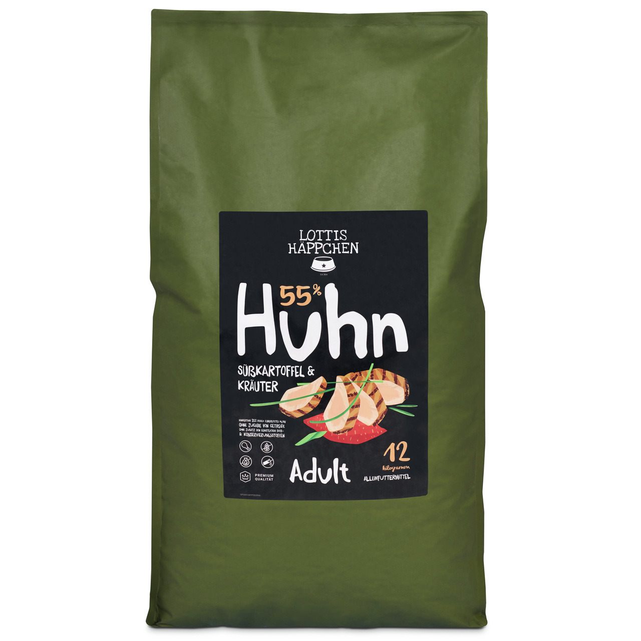 Lottis Häppchen Hundefutter Adult, Huhn, Süßkartoffel & Kräuter, 55 % Huhn, 12 kg, für ausgewachsene Hunde.