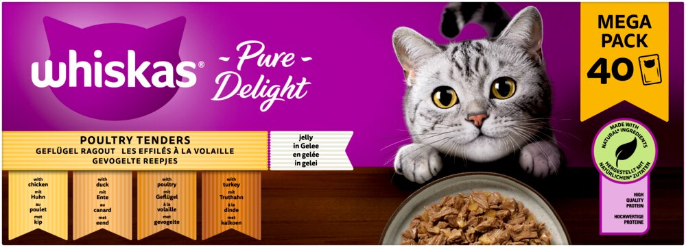 Whiskas Pure Delight Poultry Tenders, Katzen, Geflügelragout (Huhn, Ente, Pute), 40 Beutel, hochwertige Proteine, natürliche Zutaten.