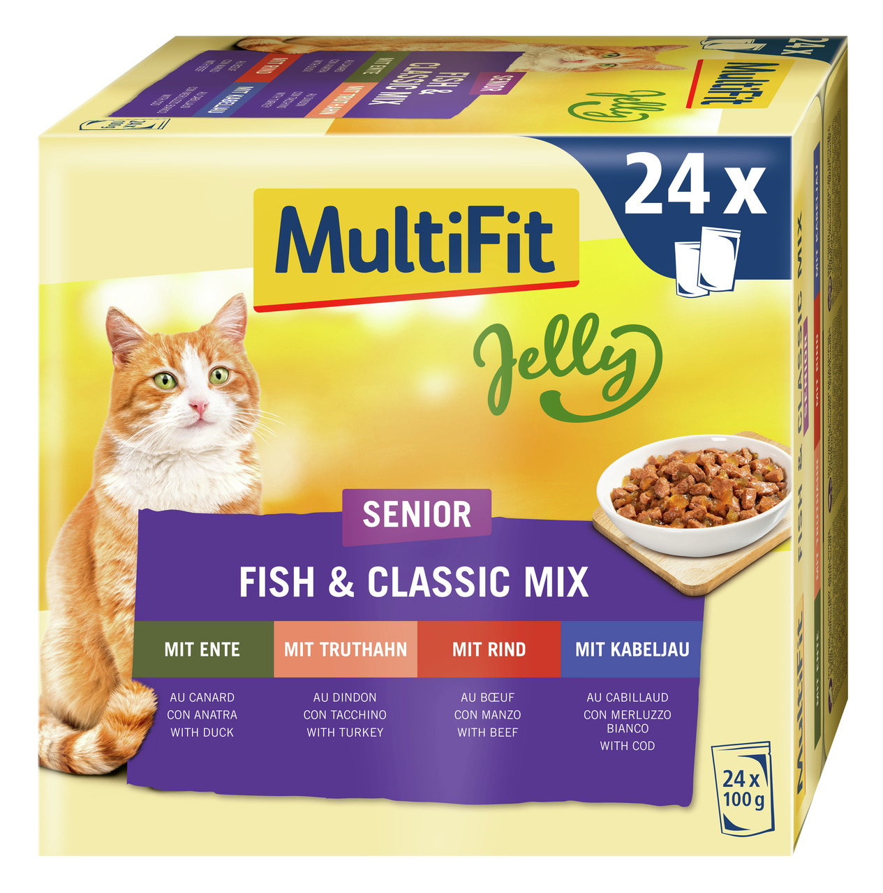 MultiFit Jelly Senior Fish & Classic Mix, für ältere Katzen, 4 Sorten (Ente, Truthahn, Rind, Kabeljau), 24x100g, saftiges Nassfutter.