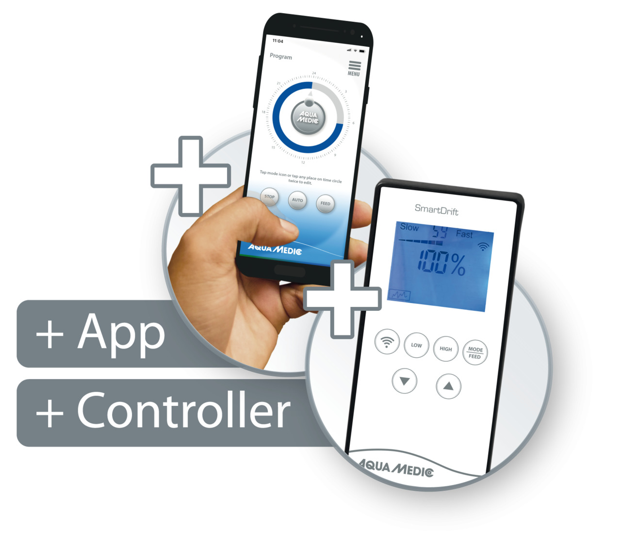 Das Bild zeigt das Produkt "Aqua Medic SmartDrift", bestehend aus einem digitalen Controller und einer App zur Steuerung. Der Controller verfügt über ein beleuchtetes Display mit Tasten für verschiedene Modi wie "Low", "High" und "Feed". Die App ermöglich