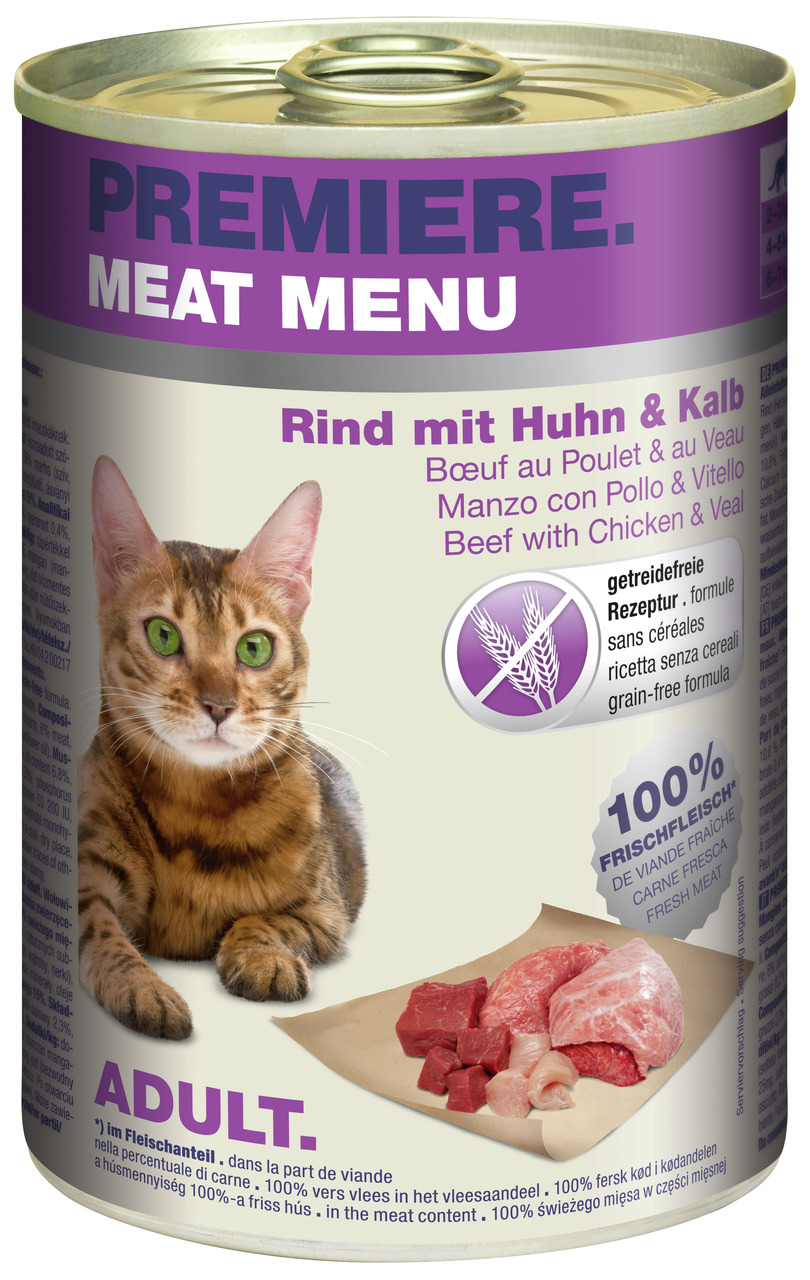 PREMIERE MEAT MENU Katzenfutter Adult, Rind mit Huhn & Kalb, getreidefrei, 100 % Frischfleisch, 400 g.