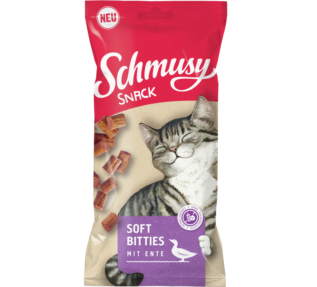 Sparpaket 2 x 60 g Schmusy Soft Bitties mit Ente Katzen Snack