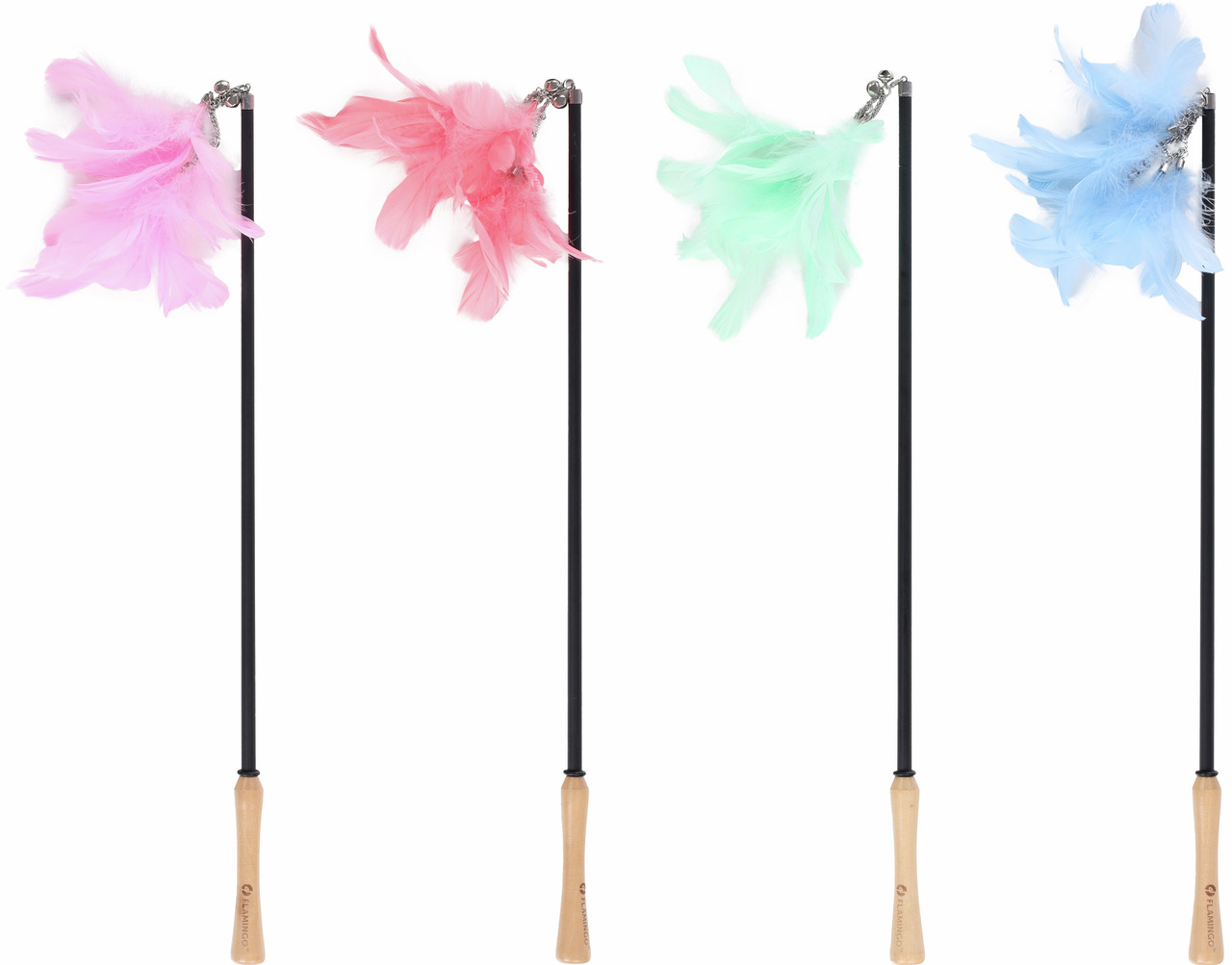 4 Katzenspielzeuge Flamingo: Stäbe mit Holzgriffen & Federn (Rosa, Rot, Grün, Blau). Für Katzen jeden Alters. Fördert Spieltrieb.
