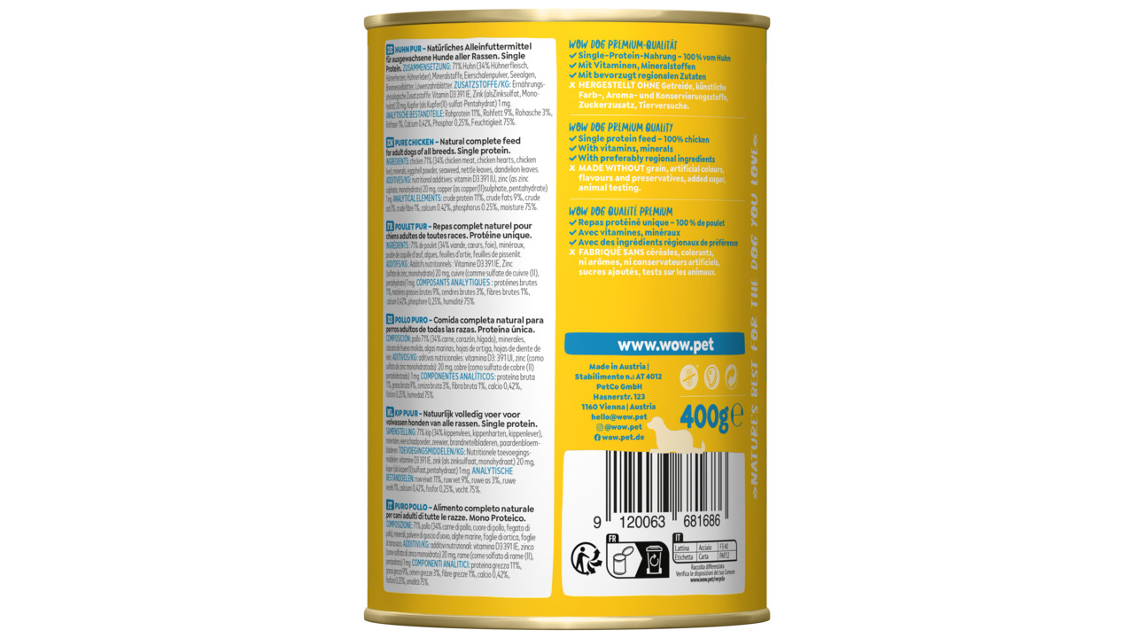 Sparpaket 24 x 400 g Wow Huhn Pur Hunde Nassfutter