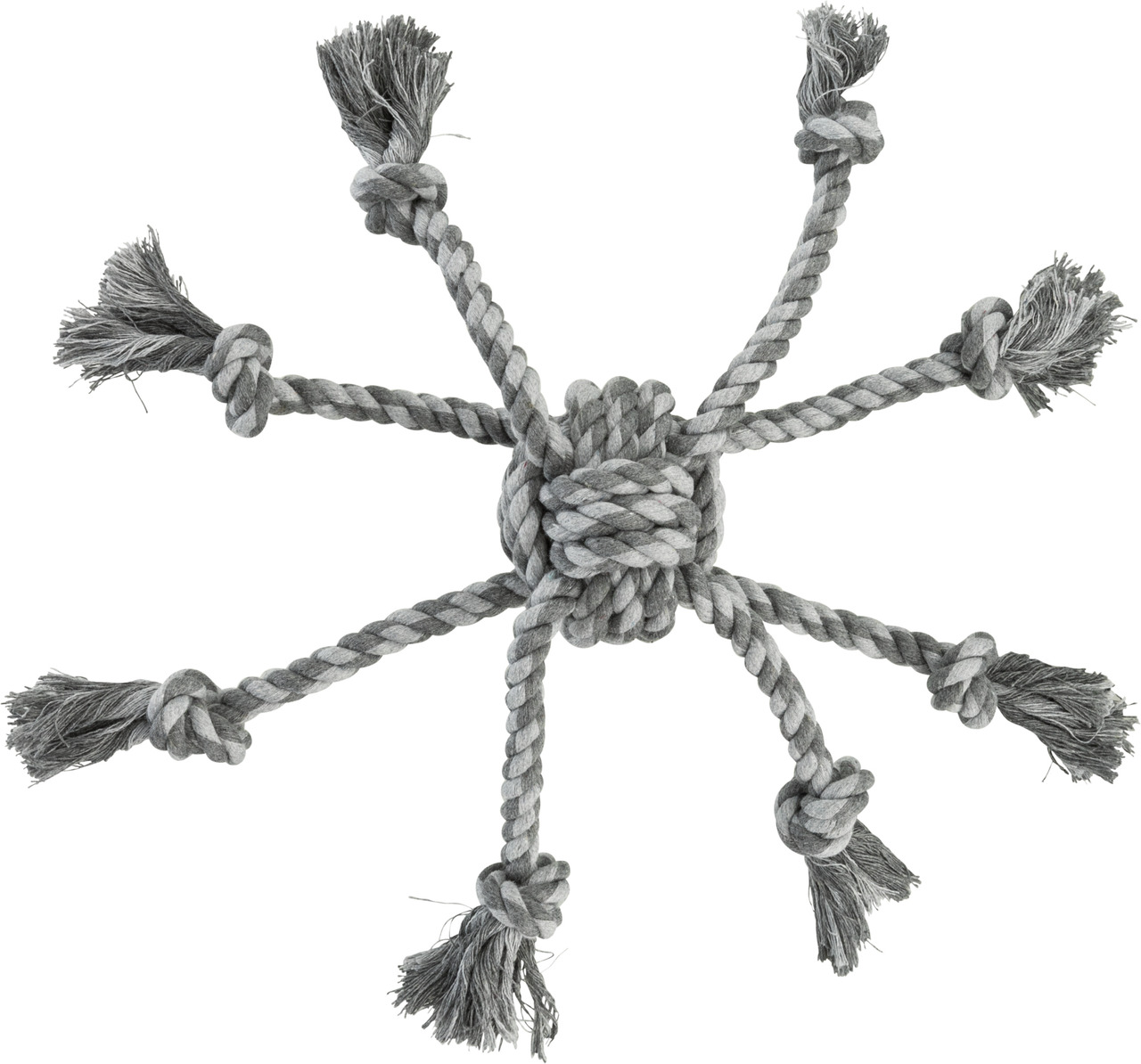 Das Bild zeigt das TRIXIE Spielzeug "Achtarmiger Knoten" für Hunde. Es besteht aus robustem, grauem Baumwollseil und ist ideal für Zerr- und Apportierspiele. Geeignet für Hunde aller Größen, fördert es Zahnpflege und Spielspaß. Das Spielzeug hat acht Arme