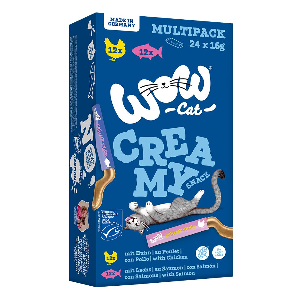 WOW CAT Creamy Snack Multipack für Katzen, Huhn und Lachs, 24x16 g, Made in Germany, ohne Zuckerzusatz, MSC-zertifiziert.