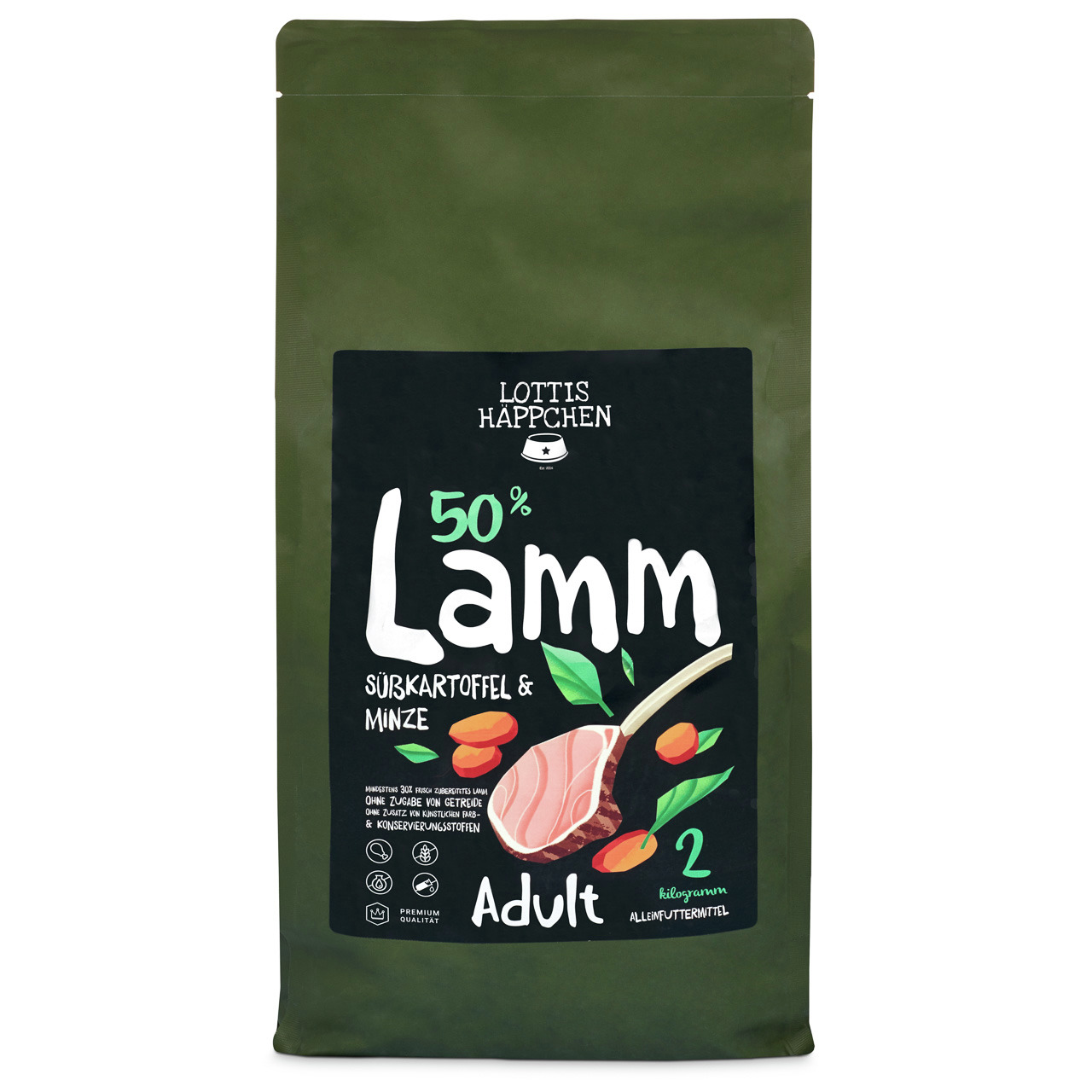 Lottis Häppchen 50 % Lamm, Adult, Lamm+Süßkartoffel+Minze, 2 kg, getreidefrei, ohne Konservierungsstoffe, Premium-Qualität.