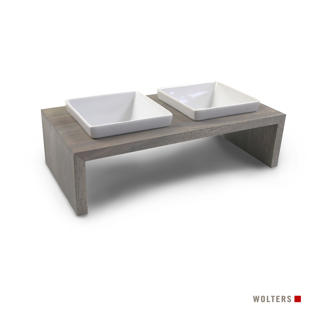 Wolters Doppelnapf "Diner" für Hunde & Katzen, Holz grau, 2 weiße Keramiknäpfe, stilvolles Design, hochwertig, Futterstation-Set.