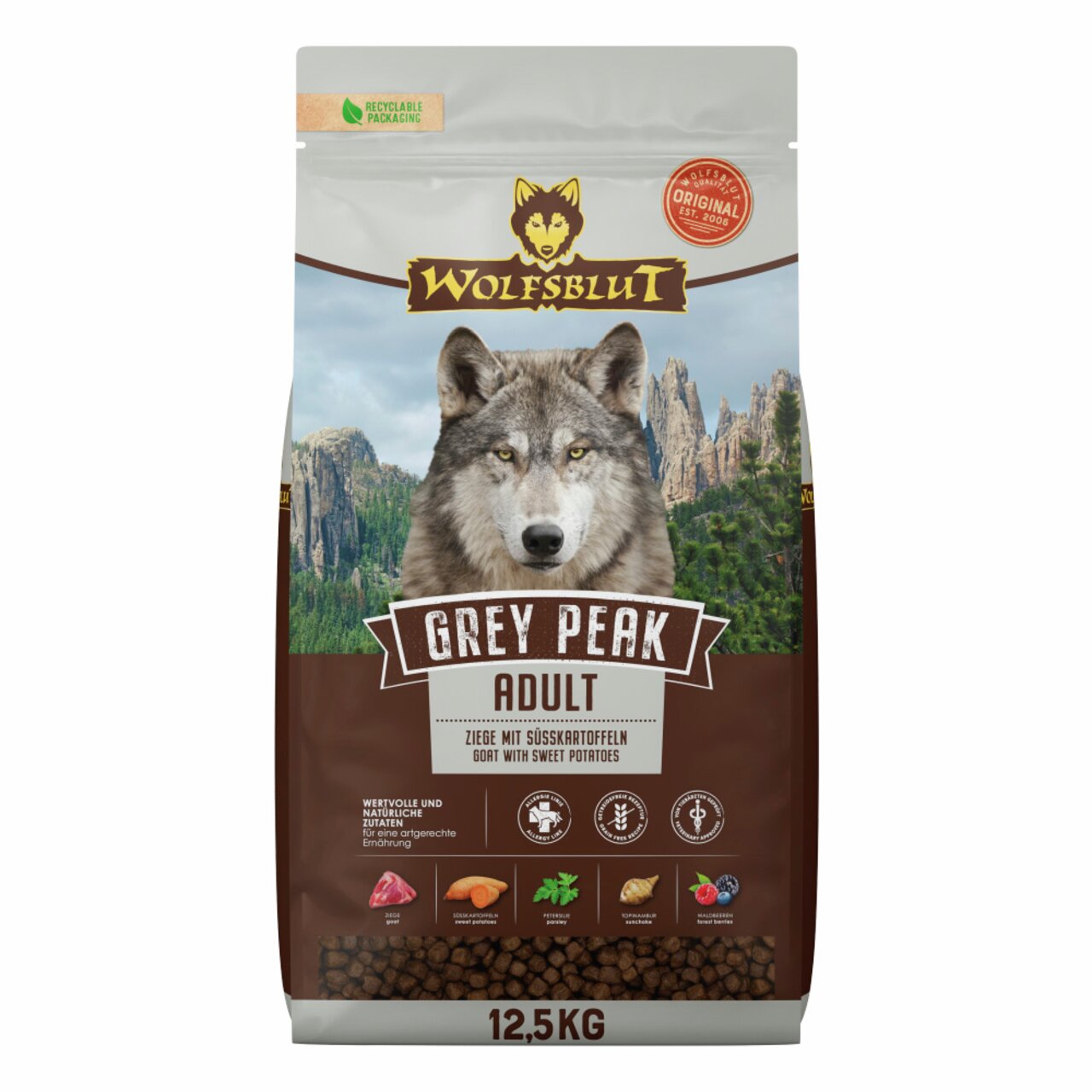 Wolfsblut Grey Peak Adult, 12,5 kg, für erw. Hunde, Ziegenfleisch & Süßkartoffeln, getreidefrei, hohe Fleischqualität, natürliche Zutaten.