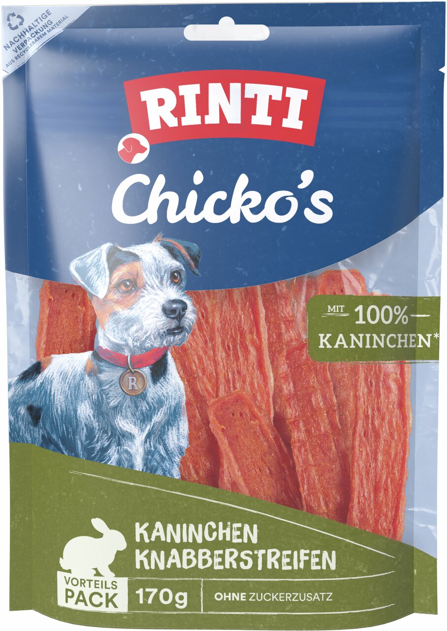 RINTI Chicko's Kaninchen, Snack f. erw. Hunde, 100% Kaninchenfleisch, ohne Zucker, 170 g, recycelbare Verpackung.