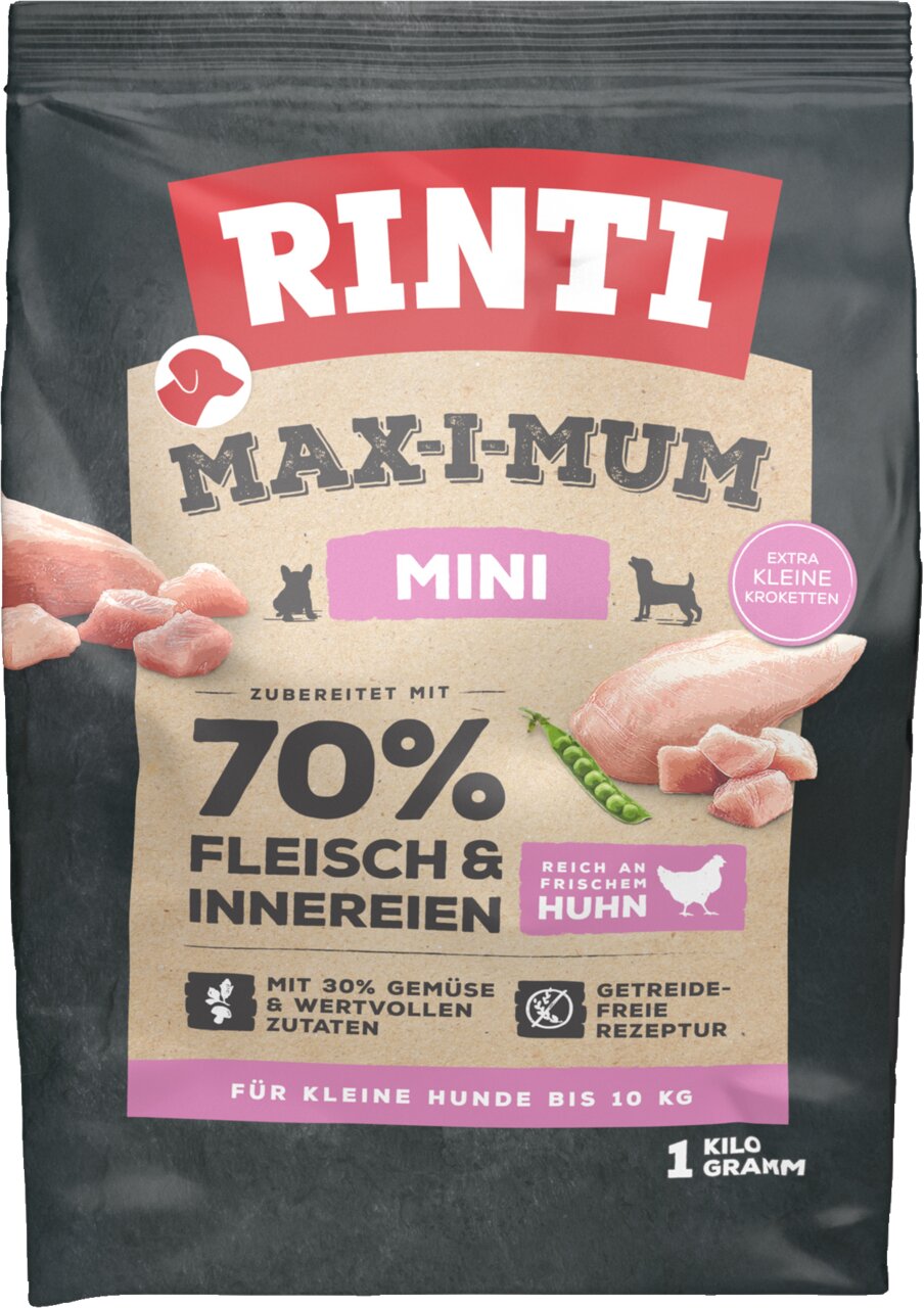 RINTI Max-i-Mum Mini Huhn, Hundefutter für kleine Hunde bis 10 kg, extra kleine Kroketten, 1 kg, 70% Fleisch, getreidefrei.