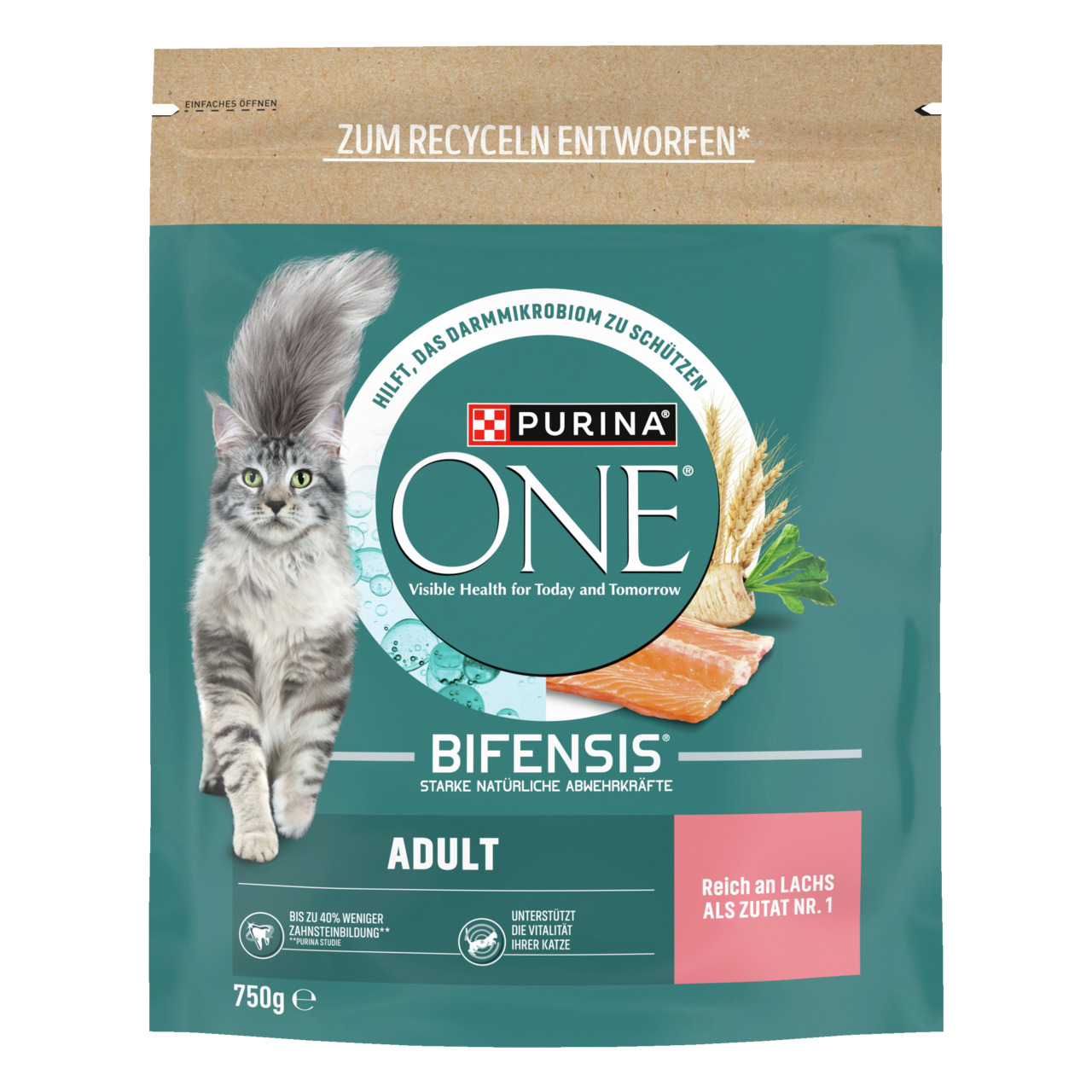 Das Bild zeigt eine Verpackung des Katzenfutters „Purina ONE Bifensis Adult“ mit Lachs als Hauptzutat. Es ist für ausgewachsene Katzen geeignet und unterstützt die Vitalität sowie die natürlichen Abwehrkräfte. Die Verpackung enthält 750 g und ist nachhalt