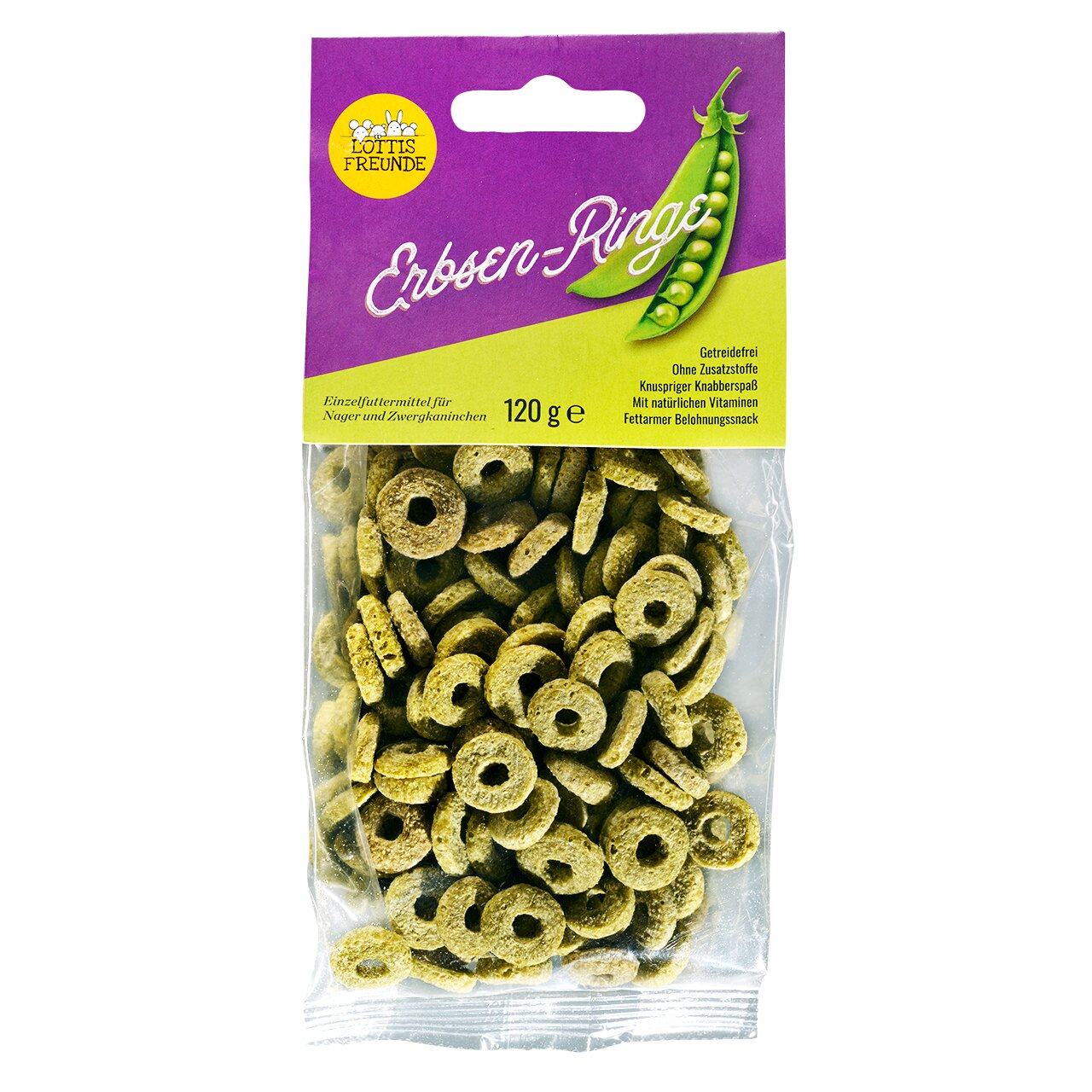LOTTIS FREUNDE Erbsen-Ringe, für Nager und Zwergkaninchen, mit Erbsengeschmack, getreidefrei, 120 g, fettarmer Knabbersnack.
