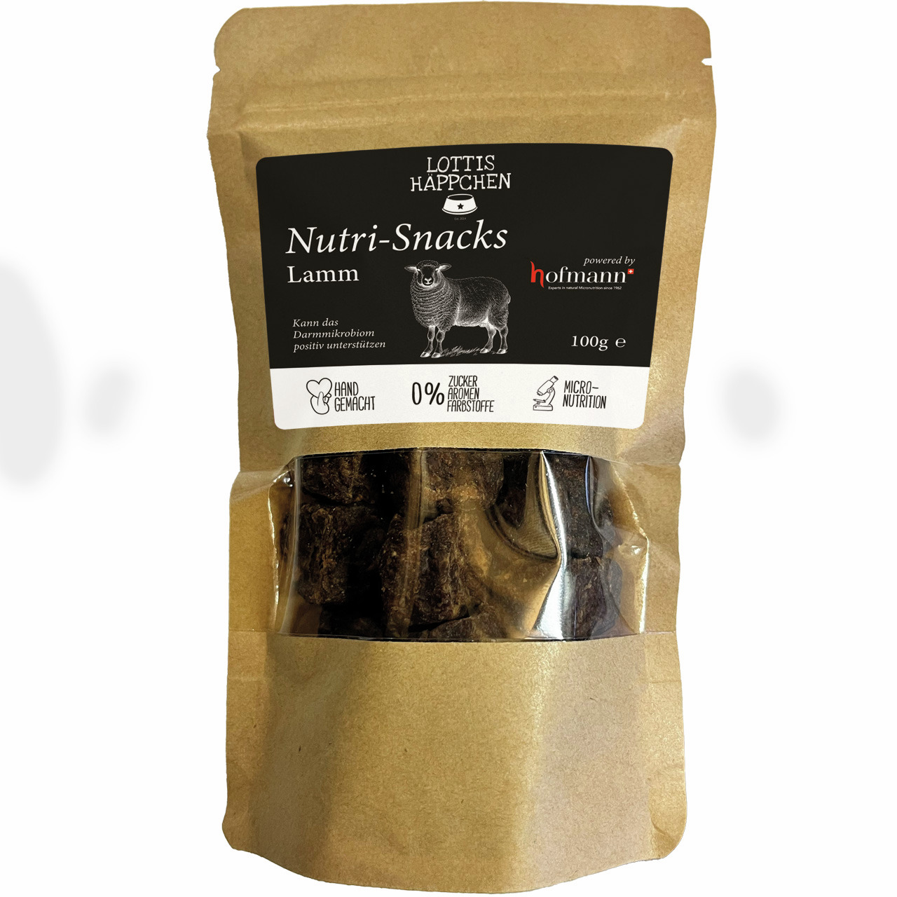 Lottis Häppchen Nutri-Snacks Lamm, 100 g, für Hunde, unterstützt Darmmikrobiom, ohne Zucker, künstl. Aromen & Farbstoffe.