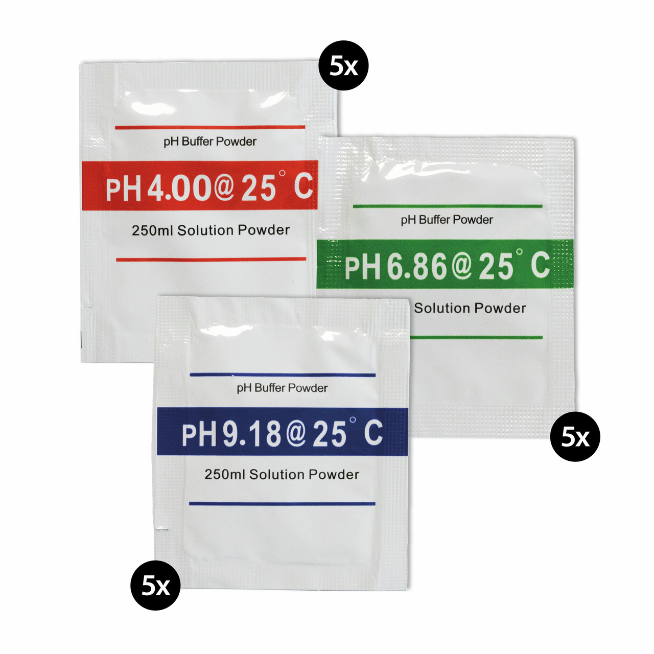ARKA pH-Pufferpulver, 3 Varianten (pH 4.00, 6.86, 9.18, 25 °C), 5x250 ml, für präzise pH-Werte, einzeln verpackt.