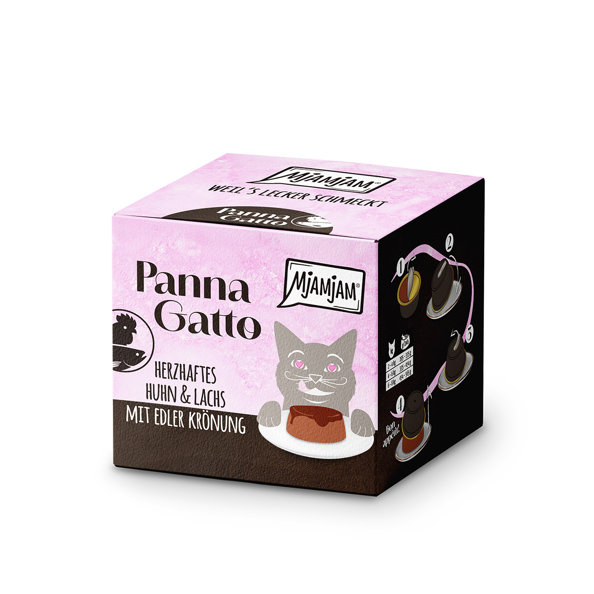 MJAMJAM Panna Gatto Katzenfutter, Huhn & Lachs, herzhaft, edle Krönung, 125 g, rosa-braune Verpackung mit Katzen-Illustration.