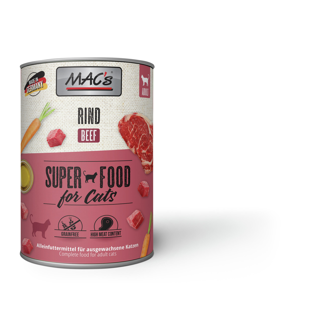 MAC's Katzenfutter Rind, Alleinfutter f. erw. Katzen, getreidefrei, hoher Fleischanteil, mit Karotten, ohne Mengenangabe.