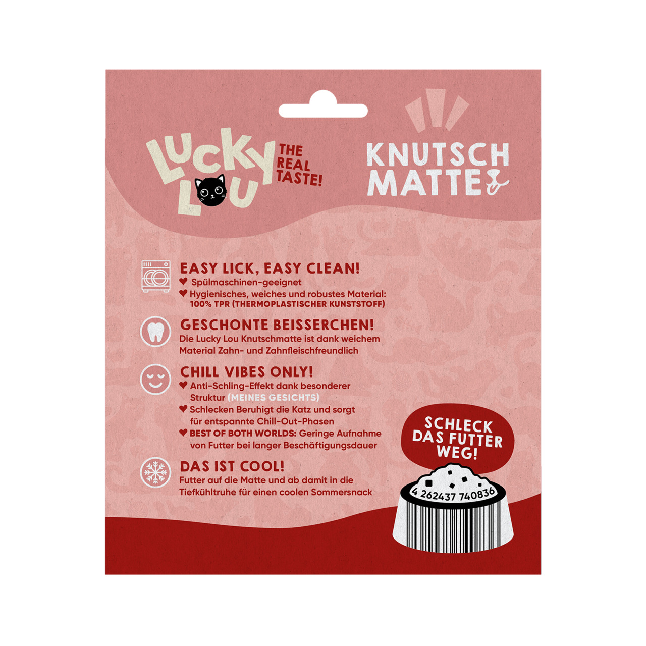 Lucky Lou Knutschmatte für Katzen: zahnfreundl. TPR, spülmaschinengeeignet, beruhigt, fördert Zahnpflege & langsames Schlecken.