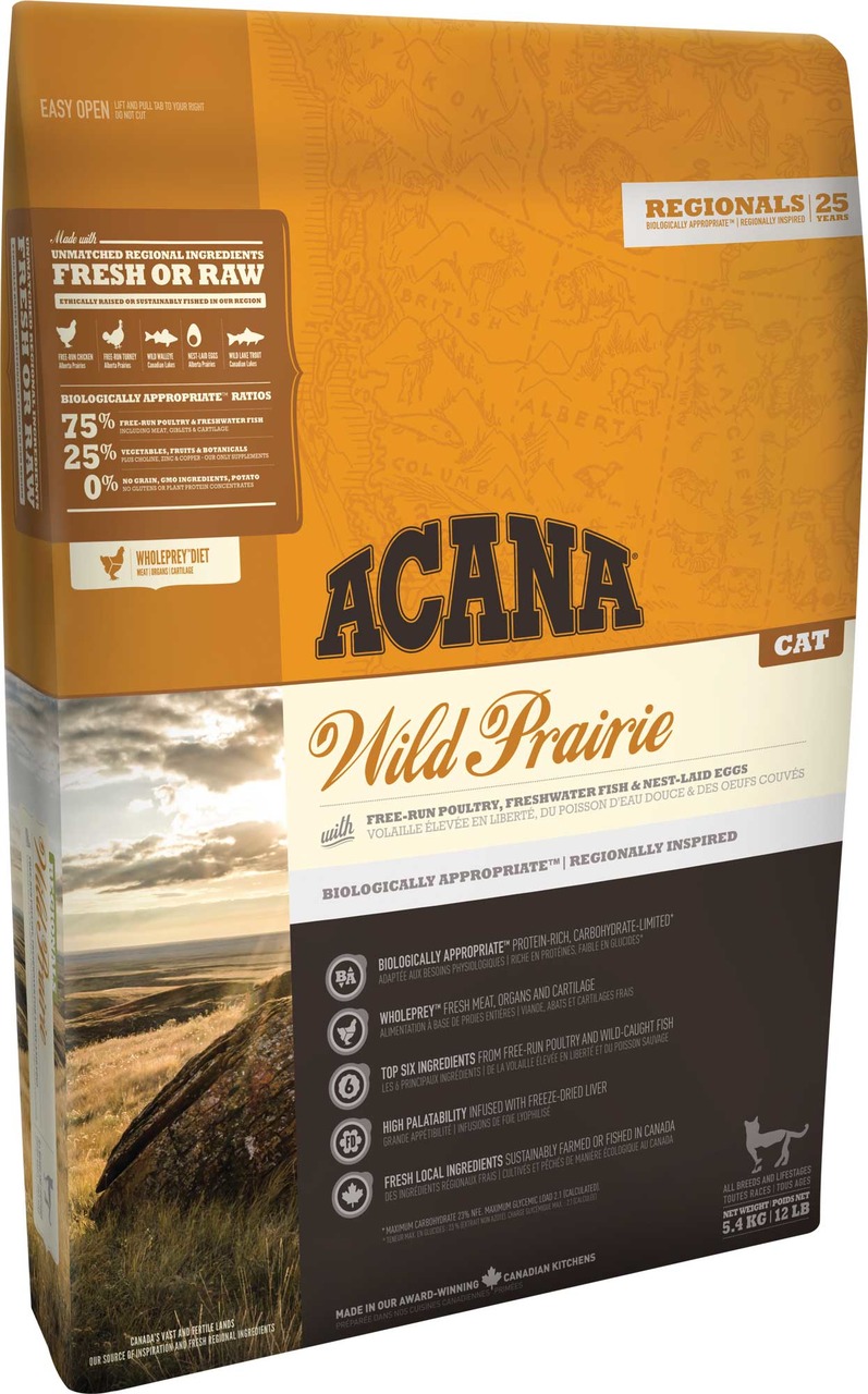 Das Bild zeigt eine Verpackung des Katzenfutters „ACANA Wild Prairie“ aus der Regionals-Serie. Es ist speziell für Katzen entwickelt und enthält Freiland-Geflügel, Süßwasserfisch und Eier aus Freilandhaltung. Die Verpackung hebt hervor, dass das Futter bi