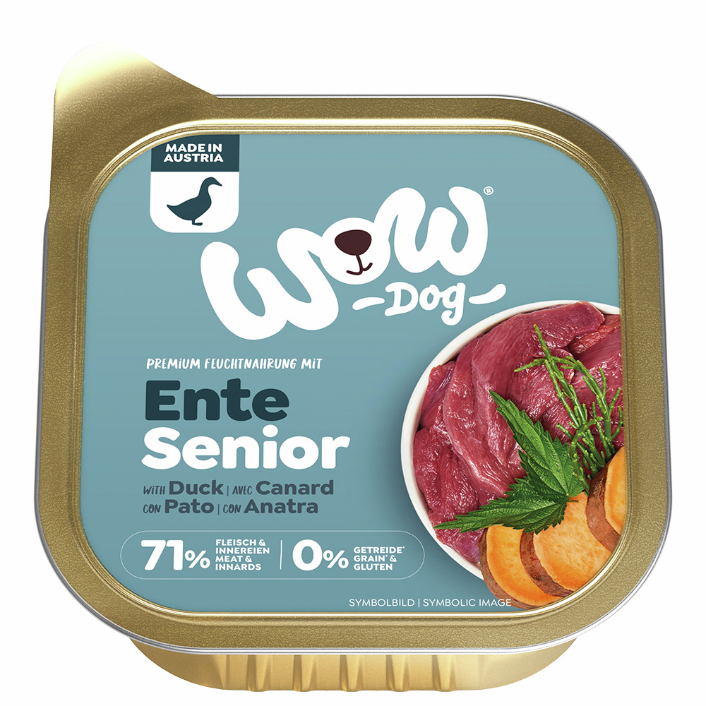 Sparpaket 22 x 150 g Wow Senior mit Ente, Seealge + Süßkartoffel Hunde Nassfutter