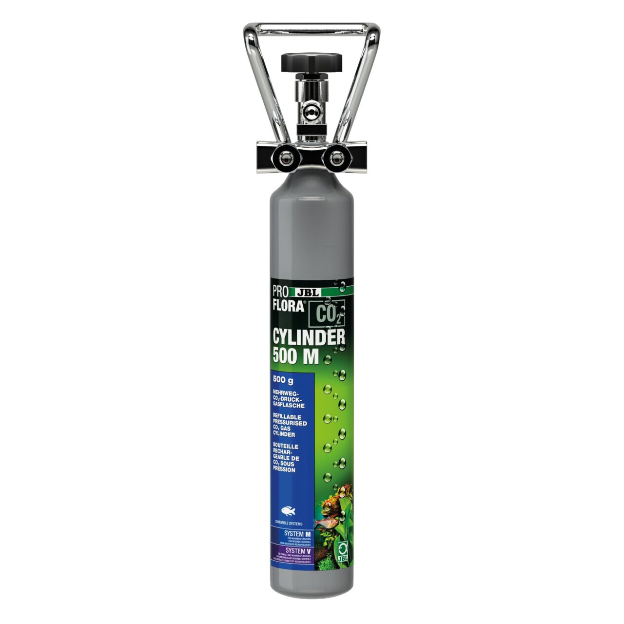 JBL ProFlora CO2 Cylinder 500 M, 500 g, für Aquarienbesitzer, versorgt Pflanzen mit CO2, graue Flasche mit grünen Blasen u. Pflanzen.