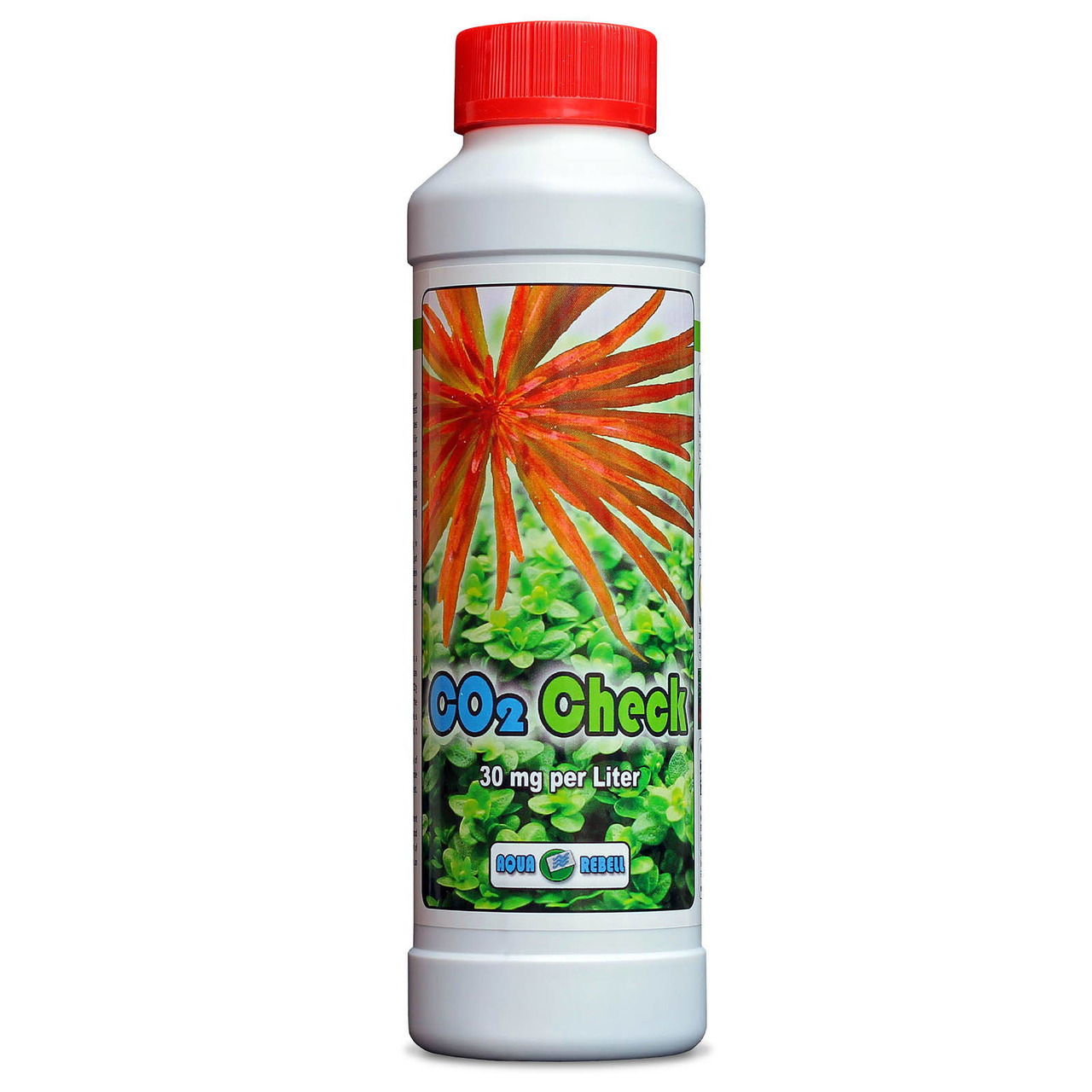 Aqua Rebell CO2 Check, für Aquarienpflanzen, zur CO2-Gehaltsprüfung, 30 mg-L, mit roter Pflanze & grünen Blättern auf Etikett.